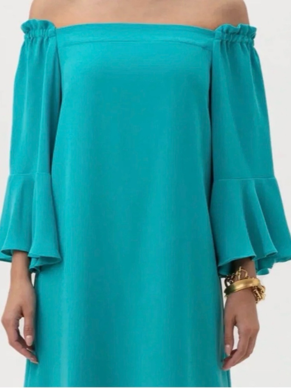 Trina Turk Knox Mini Dress Turquoise XS Off Shoulder Bell Ruffle Sleeve